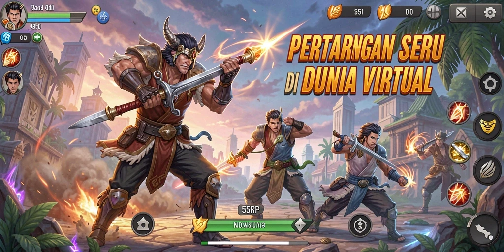 Tampilan gameplay seru dalam pertarungan karakter 55RP.