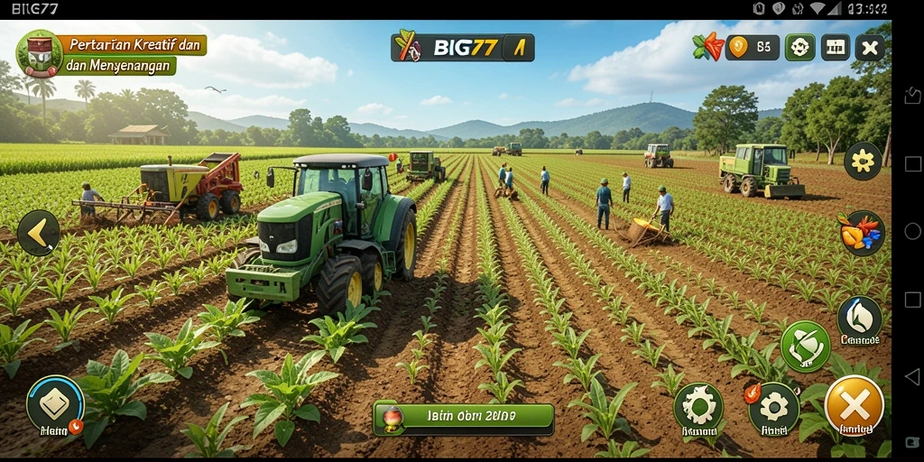 Screenshot gameplay BIG77 yang menampilkan aktivitas bertani dan kebun yang luas.