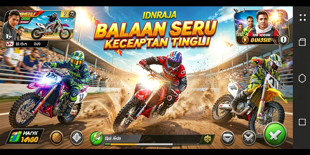 Gameplay IDNRAJA yang mendebarkan dengan kendaraan balap yang cepat.
