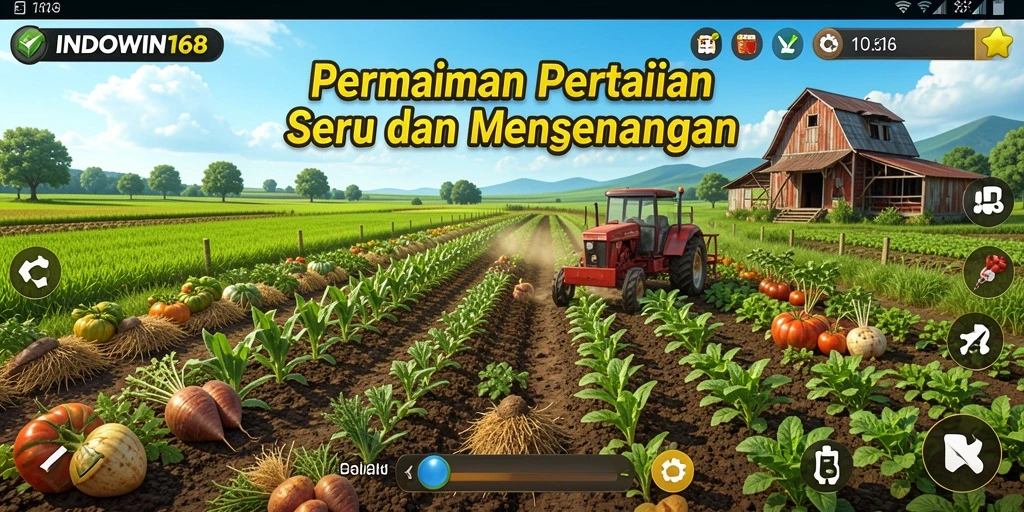 Screenshot utama INDOWIN168 menampilkan gameplay pertanian yang menarik.