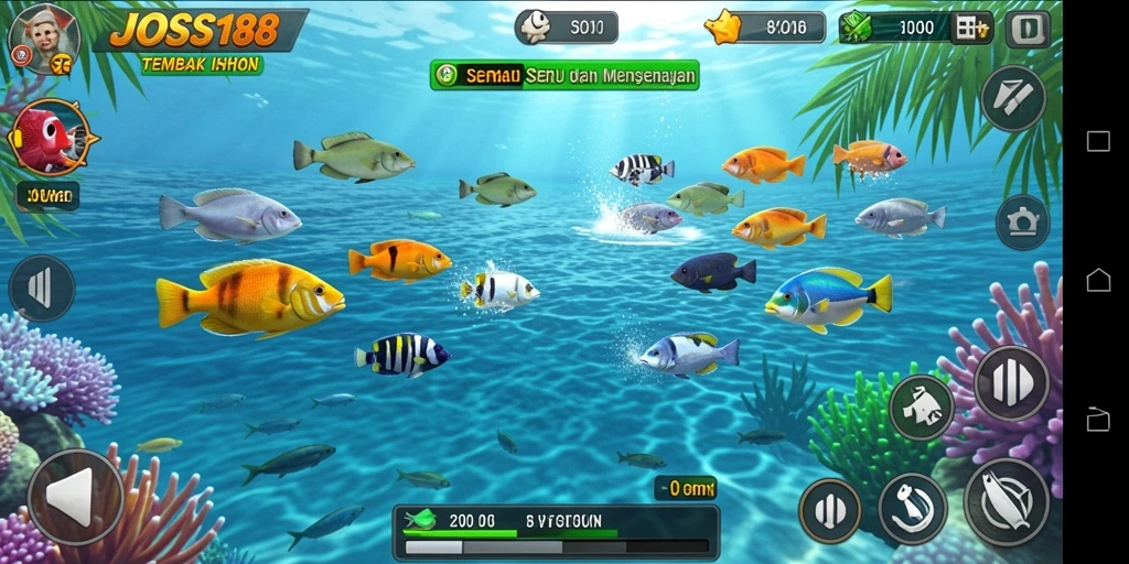 Screenshot utama JOSS188 menampilkan aksi seru menangkap ikan.