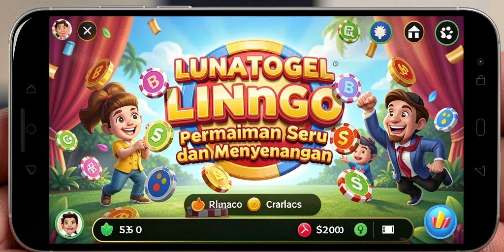 Screenshot menampilkan gameplay seru LUNATOGEL dengan kartu Bingo yang berwarna-warni.