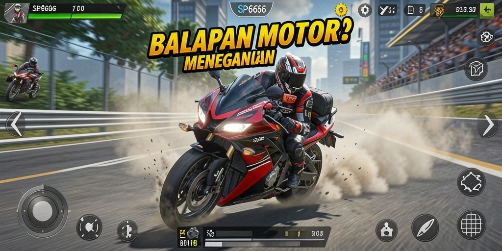 Tangkapan layar SP666 menampilkan aksi balapan motor yang mendebarkan.