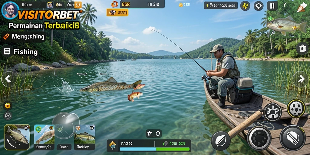 Screenshot VISITORBET menampilkan momen tangkap ikan yang mendebarkan dalam setting pemandangan indah.